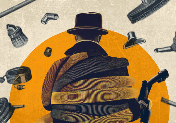 Spy surrounded by industrial items, symbolising espionage, forged evidence, and covert operations.