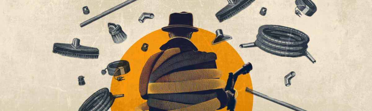 Spy surrounded by industrial items, symbolising espionage, forged evidence, and covert operations.